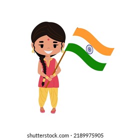 Indian girl in national costume holding the flag of India. Flat vector illustration in modern style.