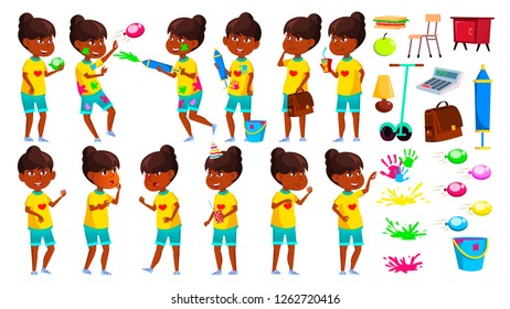 Indian Girl Poses Set Vector. Primary School Child. Teenage. Spring Holi Festival. Hindu. Asian. For Web, Brochure, Poster Design. Isolated Illustration