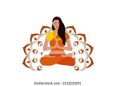 Indian girl pray or meditate in lotus pose. Mandala vector. Vector illustration