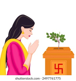 Indian Girl Praying Tulsi Plant Stock Vector Illustration (Royalty Free)