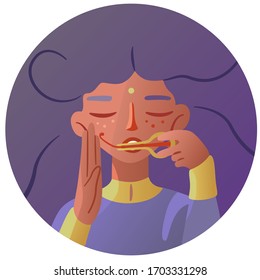 Indian girl with purple hair, playing the Jew's harp. Indian point between the eyes on the forehead - bindi. Spiritual practice through playing an ethnic musical instrument. Vector isolated.