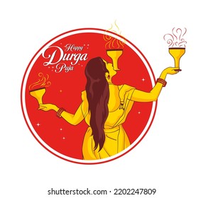 Indian girl with saree celebrating Durga Puja by Dhunuchi dance isolated on White Background