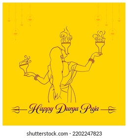 Indian girl with saree celebrating Durga Puja by Dhunuchi dance isolated on yellow Background