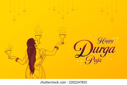 Indian girl with saree celebrating Durga Puja by Dhunuchi dance isolated on yellow Background