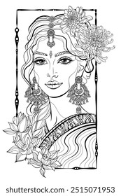 Indian girl in a saree and jewelry decorations, decorated with flowers: a Line Art black and white Illustration for Adult Coloring	
