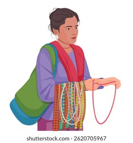 Indian girl selling neckpieces, Indian woman mala seller in street