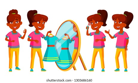 Indian Girl Set Vector. School Child. Teen. For Web, Brochure, Poster Design. Isolated Cartoon Illustration