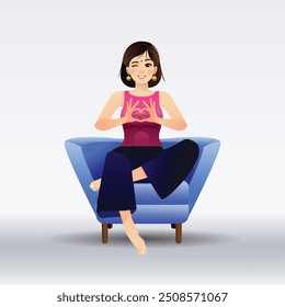 An Indian Girl showing a heart pose and sitting on the couch Character Design and a vector Background.