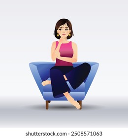 An Indian Girl is sitting on the couch, thinking of a pose Character Design and a vector Background.