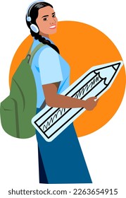 Indian girl student with a backpack in headphones and with a pencil sticker Vector