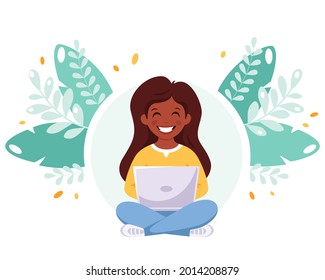Indian girl studying with computer. Online learning, back to school concept. Vector illustration