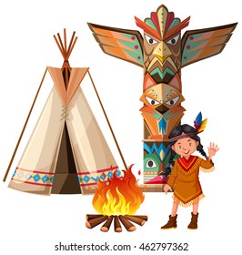 Indian girl and tepee by the campfire illustration