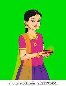 Ilustración de vestido tradicional de niña india, chica que sostiene diya Vector diwali, deepam