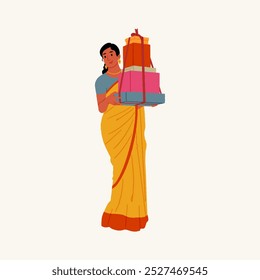 Ilustración vectorial india de la muchacha que sostiene las cajas de regalo de Diwali en mano, Ilustración vectorial editable para el Anuncio de las redes sociales, el cartel, y el diseño de empaquetado