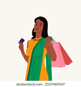 Indian girl vector illustration holding Diwali shopping bags and gift card in hand, Editable vector illustration for social media banner, poster, and packaging design