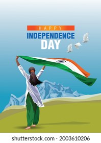 Indian Girl waving flag her hands. 15 August Happy Independence day celebration concept. can be used as poster or banner design. vector illustration design.