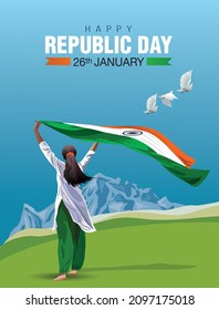 Indian Girl waving flag her hands. 15 August Happy Independence day celebration concept. can be used as poster or banner design. vector illustration.