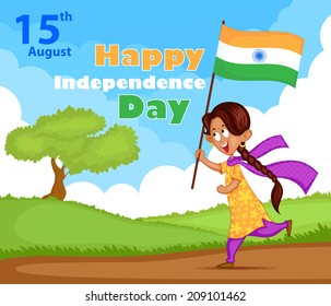 Indian girl waving flag of India in vector background