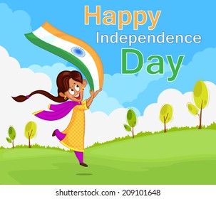 Indian girl waving flag of India in vector background