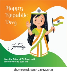 Indian girl is wearing an Indian dress and holding the flag in her hand. Happy republic day banner design. Vector cartoon illustration.