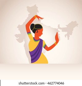 Indian girl wearing traditional clothing dancing traditional dance on India map background