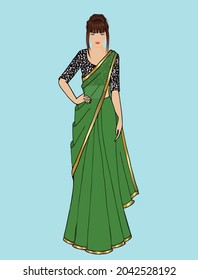 Indian girl wearing traditional Indian Dress green sari and a black blouse