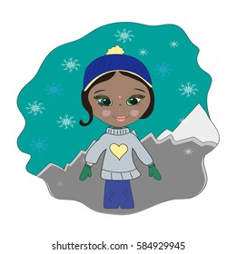 Indian girl in the winter mountains vector 