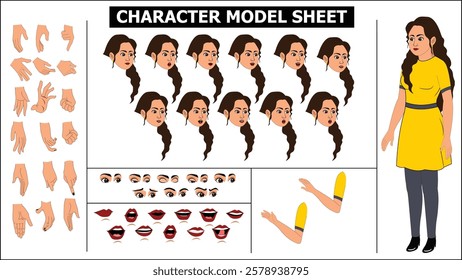 Indian Girl, woman, old woman Character Design Model Sheet with walk cycle animation. Girl Character design. eyes blink with eye brows expressions and lip sync. Hands poses ready to use for animation.