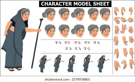 Indian Girl, woman, old woman Character Design Model Sheet with walk cycle animation. Girl Character design. eyes blink with eye brows expressions and lip sync. Hands poses ready to use for animation.