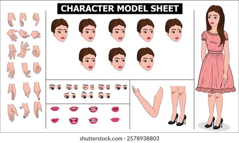Indian Girl, woman, old woman Character Design Model Sheet with walk cycle animation. Girl Character design. eyes blink with eye brows expressions and lip sync. Hands poses ready to use for animation.
