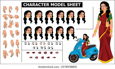 Indian Girl, woman, old woman Character Design Model Sheet with walk cycle animation. Girl Character design. eyes blink with eye brows expressions and lip sync. Hands poses ready to use for animation.