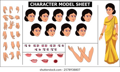Indian Girl, woman, old woman Character Design Model Sheet with walk cycle animation. Girl Character design. eyes blink with eye brows expressions and lip sync. Hands poses ready to use for animation.