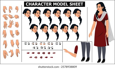 Indian Girl, woman, old woman Character Design Model Sheet with walk cycle animation. Girl Character design. eyes blink with eye brows expressions and lip sync. Hands poses ready to use for animation.