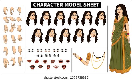 Indian Girl, woman, old woman Character Design Model Sheet with walk cycle animation. Girl Character design. eyes blink with eye brows expressions and lip sync. Hands poses ready to use for animation.