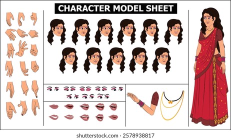 Indian Girl, woman, old woman Character Design Model Sheet with walk cycle animation. Girl Character design. eyes blink with eye brows expressions and lip sync. Hands poses ready to use for animation.