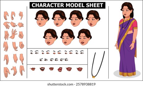 Indian Girl, woman, old woman Character Design Model Sheet with walk cycle animation. Girl Character design. eyes blink with eye brows expressions and lip sync. Hands poses ready to use for animation.