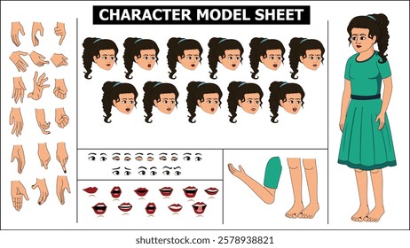 Indian Girl, woman, old woman Character Design Model Sheet with walk cycle animation. Girl Character design. eyes blink with eye brows expressions and lip sync. Hands poses ready to use for animation.