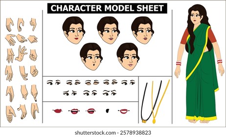 Indian Girl, woman, old woman Character Design Model Sheet with walk cycle animation. Girl Character design. eyes blink with eye brows expressions and lip sync. Hands poses ready to use for animation.