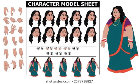 Indian Girl, woman, old woman Character Design Model Sheet with walk cycle animation. Girl Character design. eyes blink with eye brows expressions and lip sync. Hands poses ready to use for animation.