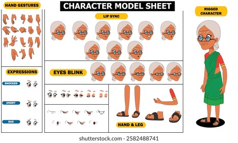 Indian Girl, woman, old woman Character Design Model Sheet with walk cycle animation. Girl Character design. eyes blink with eye brows expressions and lip sync. Hands poses ready to use for animation.