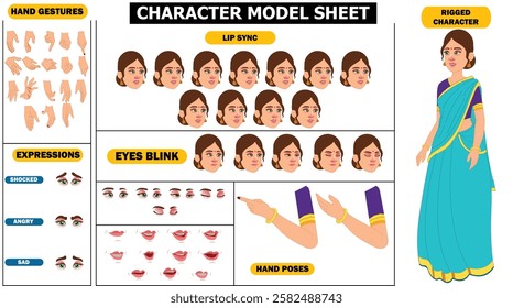 Indian Girl, woman, old woman Character Design Model Sheet with walk cycle animation. Girl Character design. eyes blink with eye brows expressions and lip sync. Hands poses ready to use for animation.