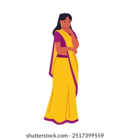 Menina indiana de sarau amarelo segurando queixo com a mão para pensar sobre problemas. Personagem feminina enigmática pensiva em roupas tradicionais de pé, retrato de corpo inteiro de mulher ilustração vetor cartoon