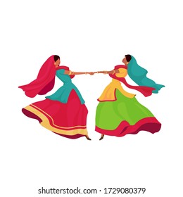 Indian girls in sari flat color vector faceless character. Two woman in sari hold hands and dance. Teej festival celebration isolated cartoon illustration for web graphic design and animation
