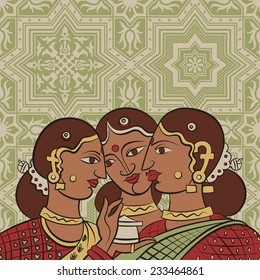 Indian girls in traditional sari costumes talking on ornamental lace ethnic pattern background retro vector illustration