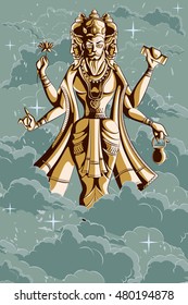 Indian God Brahma with lotus. Vector illustration