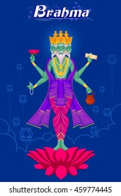 Indian God Brahma on lotus. Vector illustration