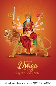 indian God durga in Happy Durga Puja Subh Navratri background. vector illustration design. covid 19, corona virus concept