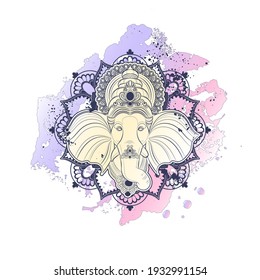 Indian God Ganesha (head) on background with mandala and watercolor splashes. Card template design. Vector illustration.