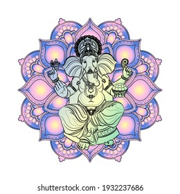 Indian God Ganesha in mandala. Card template design. Vector illustration.