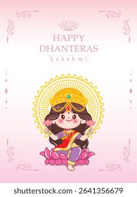 Indian god and goddess Lakshmi Blessing Golden jar Filled With Gold Coins. Cute cartoon character Devi.
